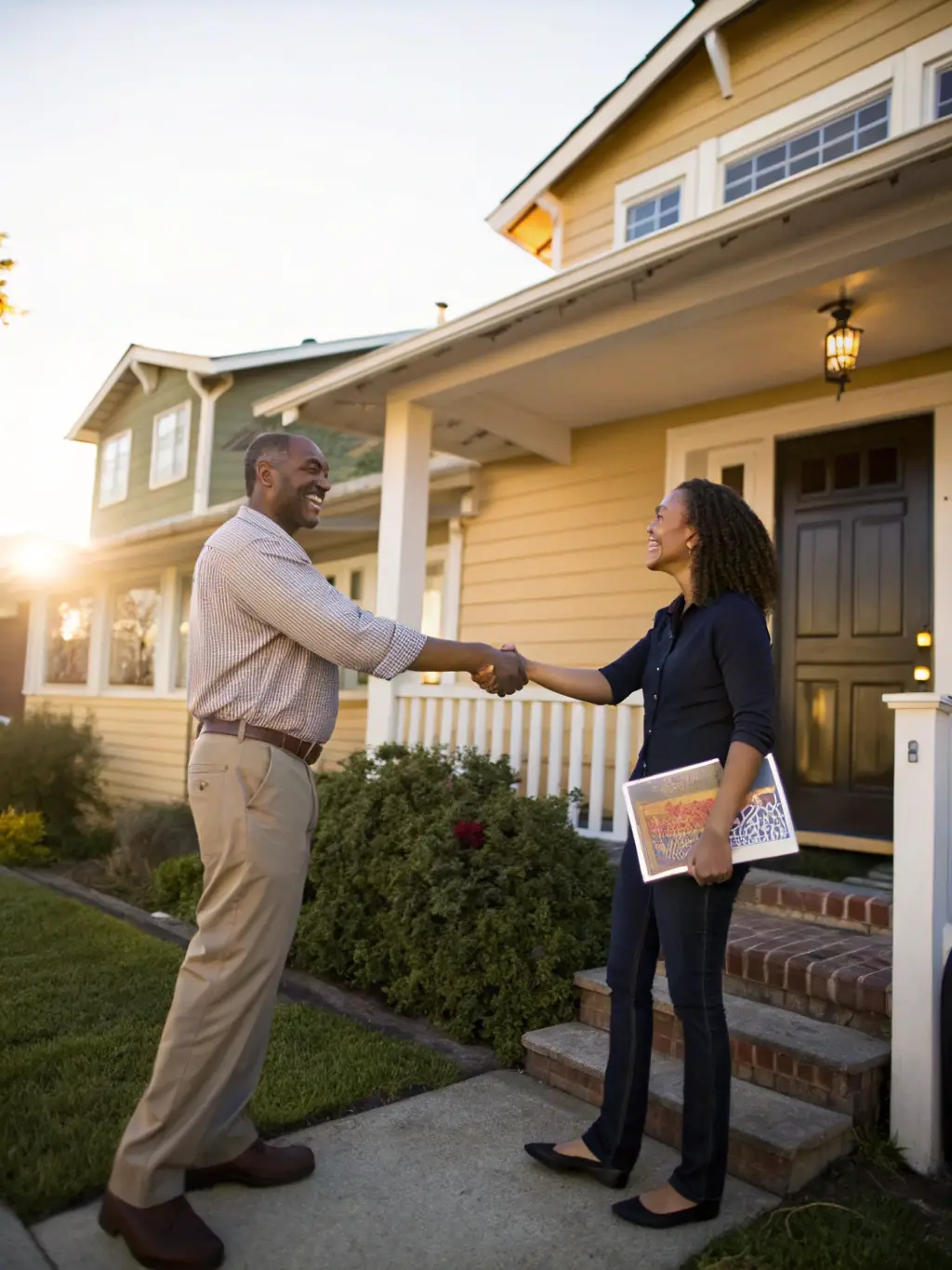 A smiling tenant shaking hands with a Cheval Housing Group representative in front of a well-maintained property, symbolizing a positive landlord-tenant relationship.