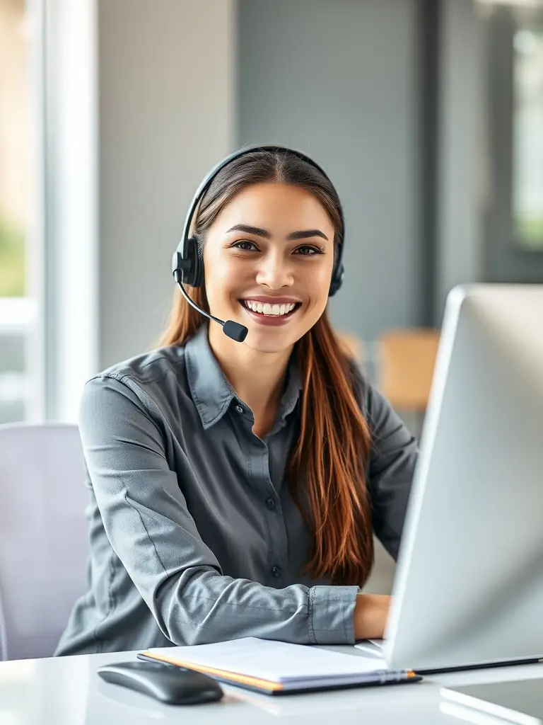 A customer service representative wearing a headset, assisting a tenant over the phone, with a Cheval Housing Group logo subtly displayed in the background.