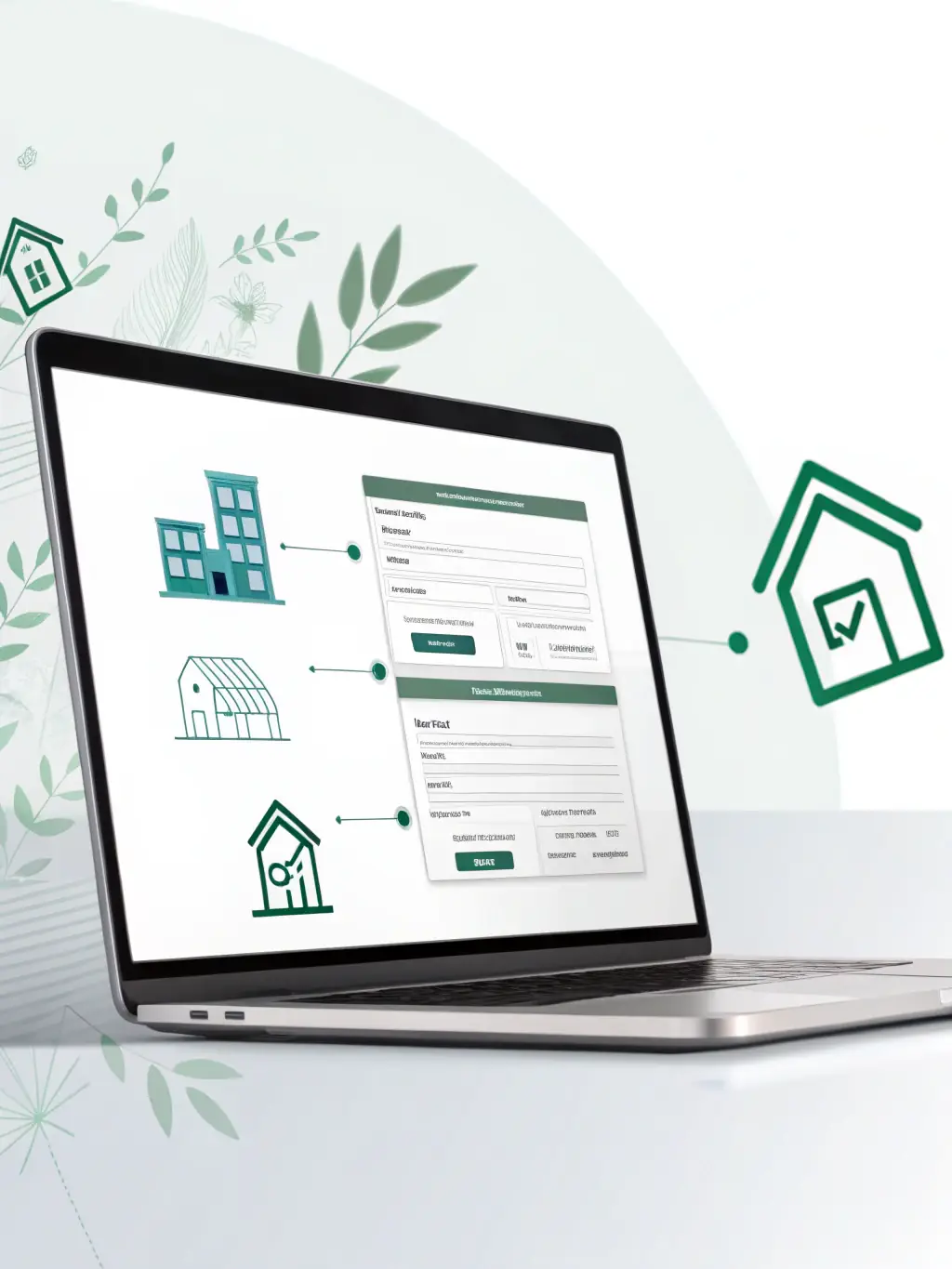 A digital form displayed on a tablet, with fields for personal information and property preferences, against a backdrop of a modern apartment interior.