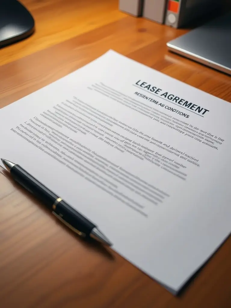 A close-up shot of a rental agreement document, highlighting key sections with a pen pointing to important clauses, set in a well-lit office environment.