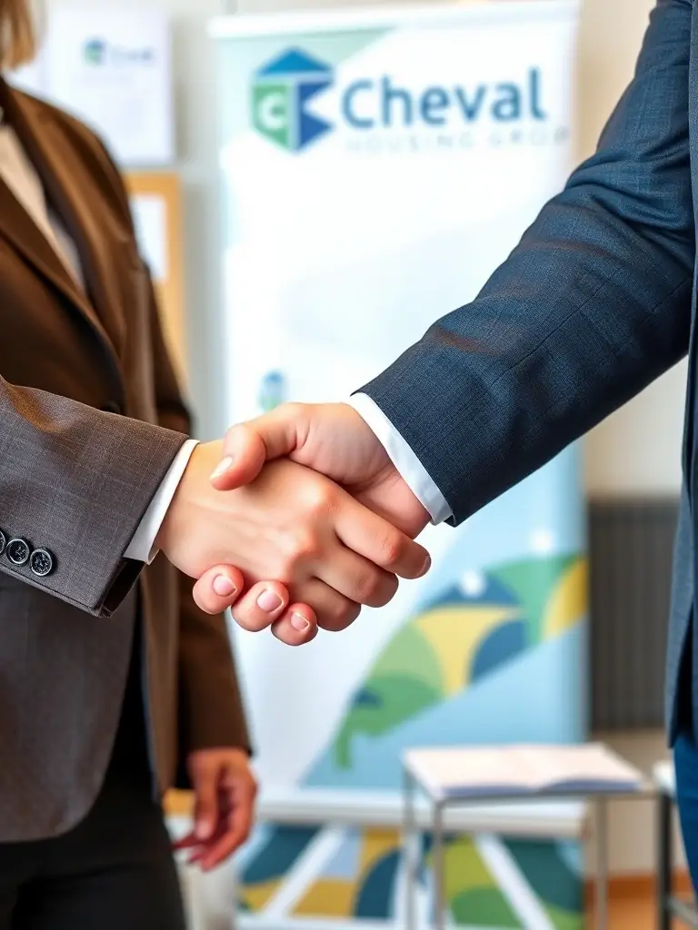 A handshake between a Cheval Housing Group representative and a local council official, with documents and partnership banners in the background, symbolizing collaboration.