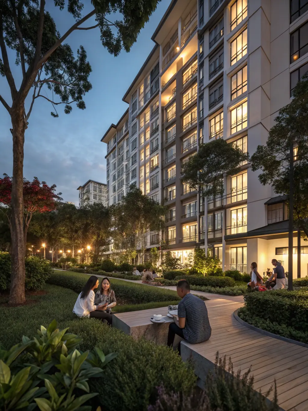 A secure, modern apartment building with well-lit entrances and visible security features, conveying a sense of safety and protection for residents.