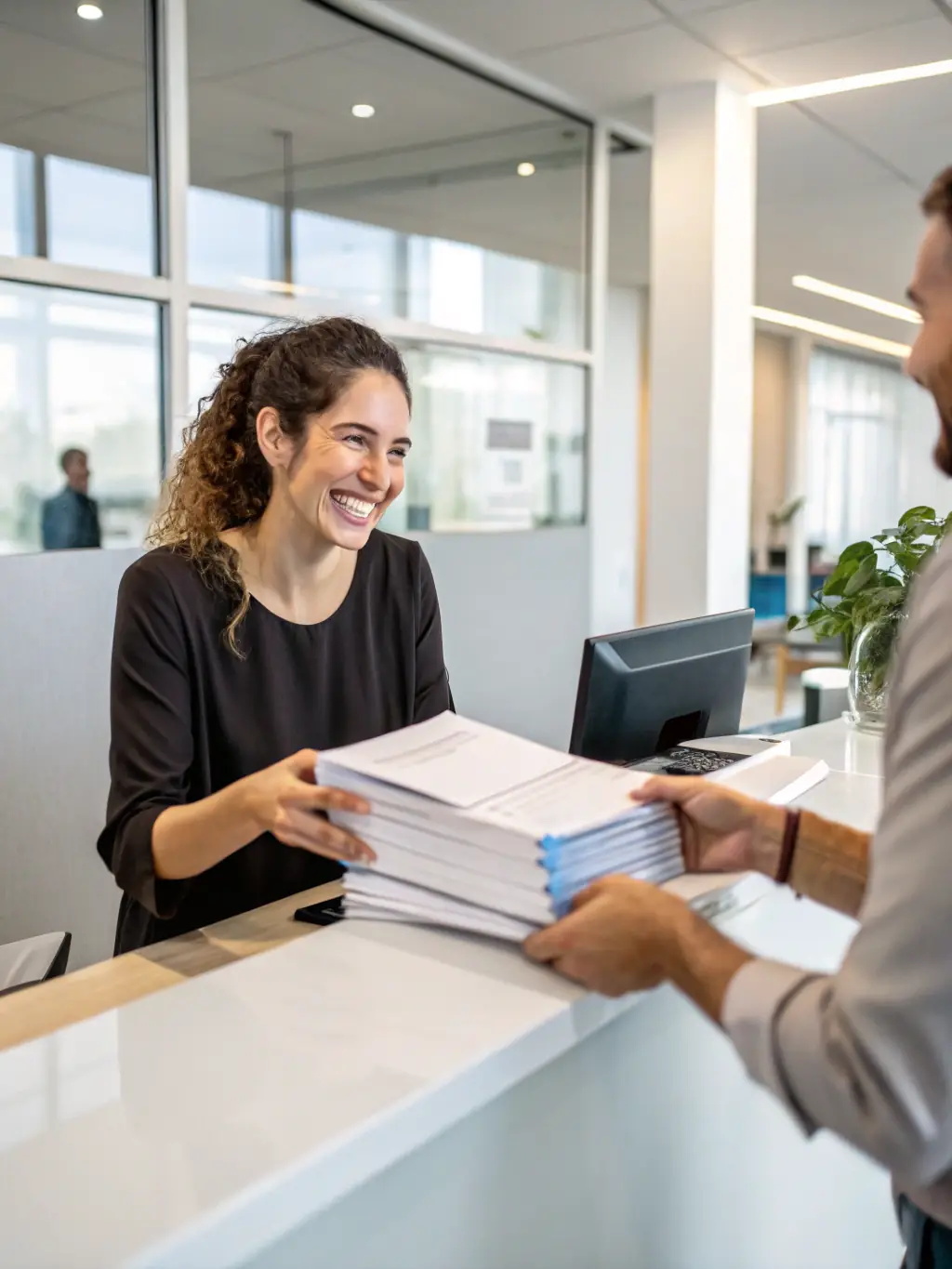 A council worker handing a referral form to a resident at a community office, illustrating the partnership-based referral process for accommodation.