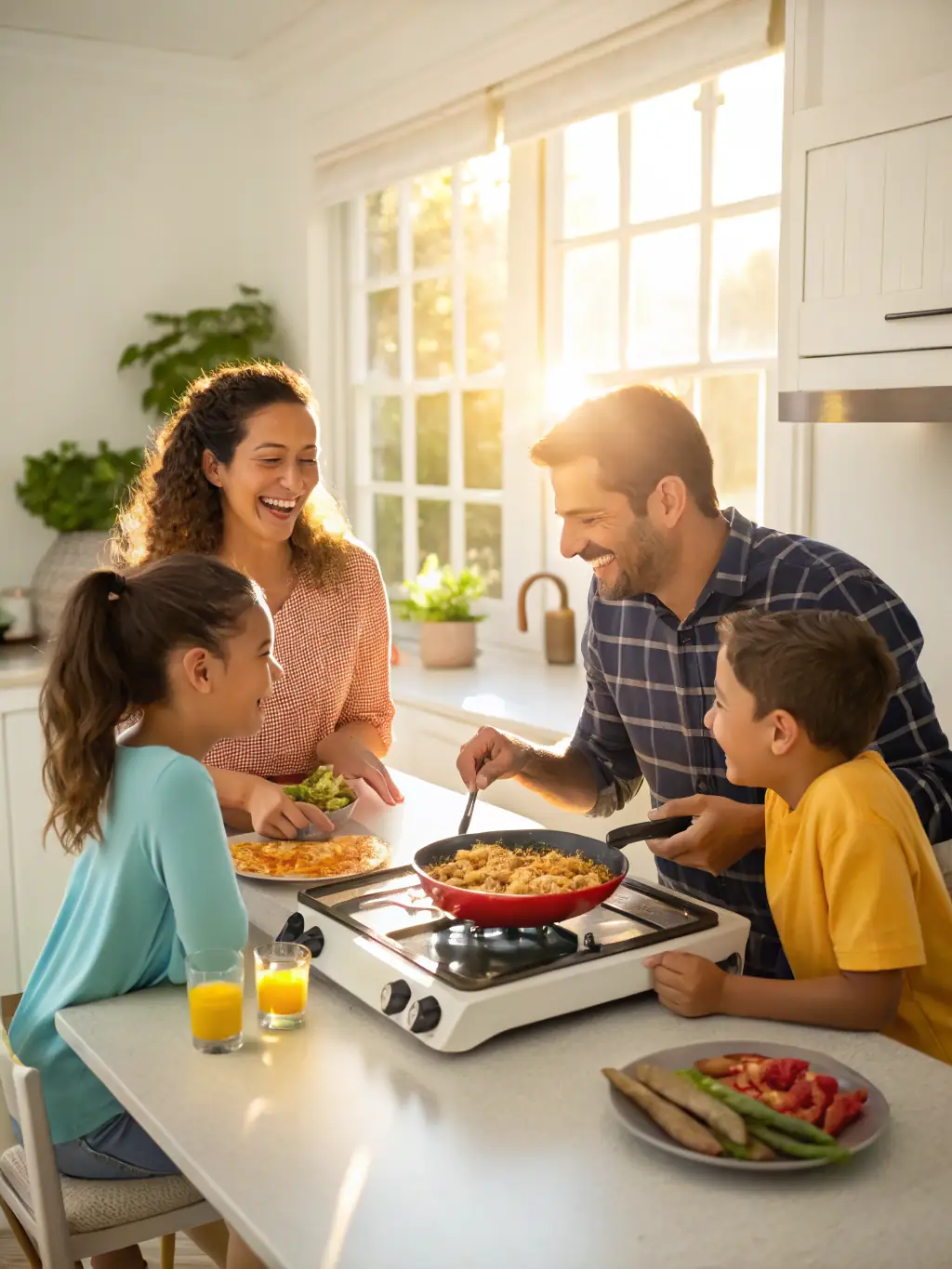 A family enjoying a meal together in a bright, well-equipped kitchen, representing dignity and the ability to live with normalcy and hope.