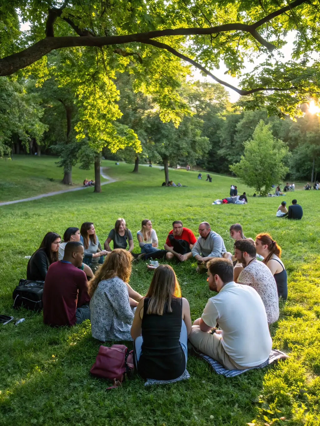 A diverse group of residents sharing a friendly conversation in a communal garden, symbolizing a supportive and inclusive community environment.