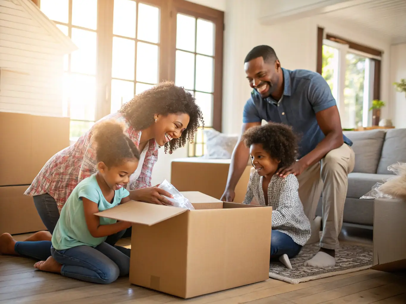 A resident family unpacking in a bright, furnished living room, with supportive staff nearby, highlighting the welcoming environment and hands-on assistance provided by Cheval Housing Group.