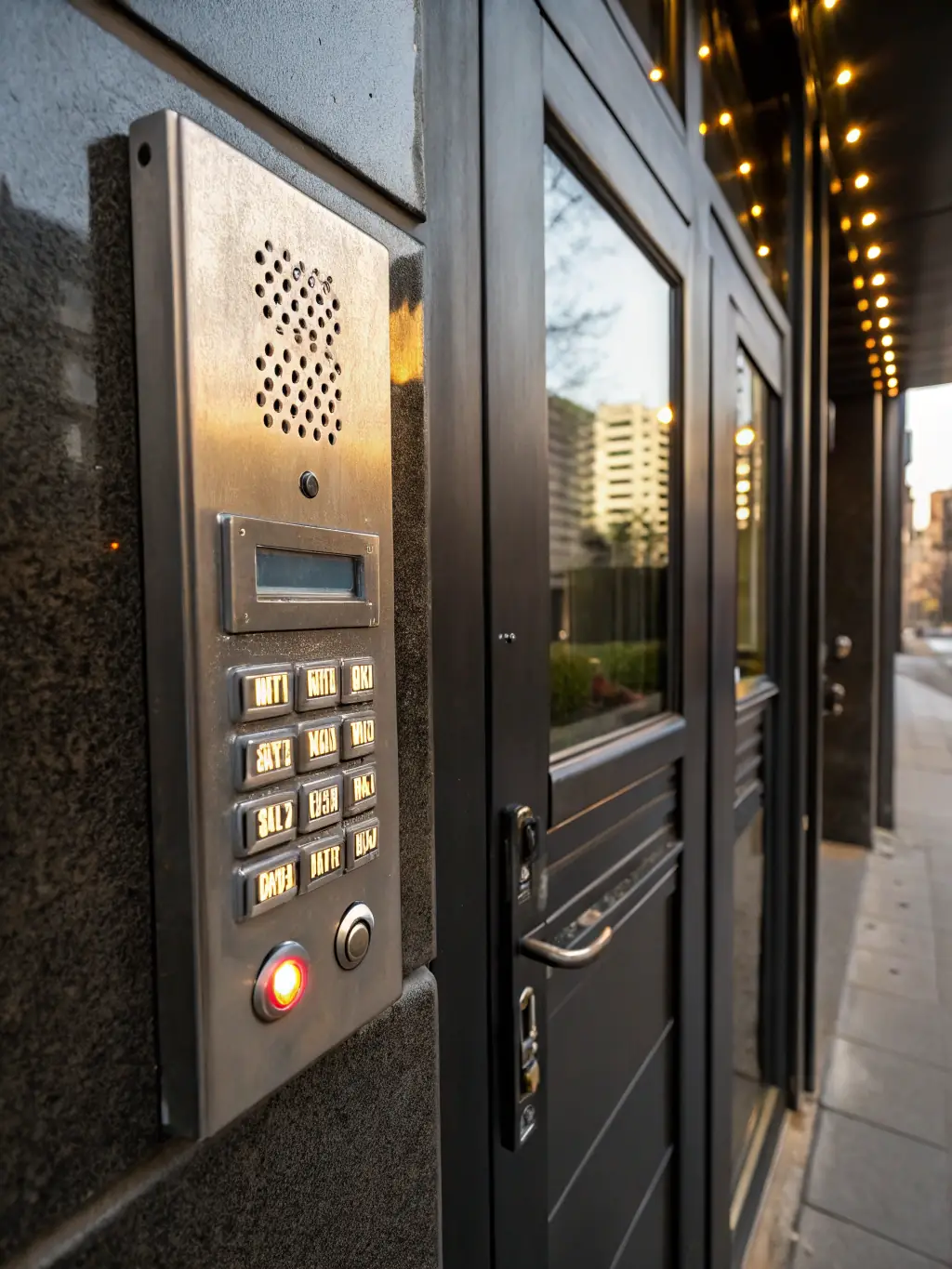 A close-up of a secure entry system with CCTV cameras and well-lit corridors, emphasizing the safety features in Cheval Housing Group properties.