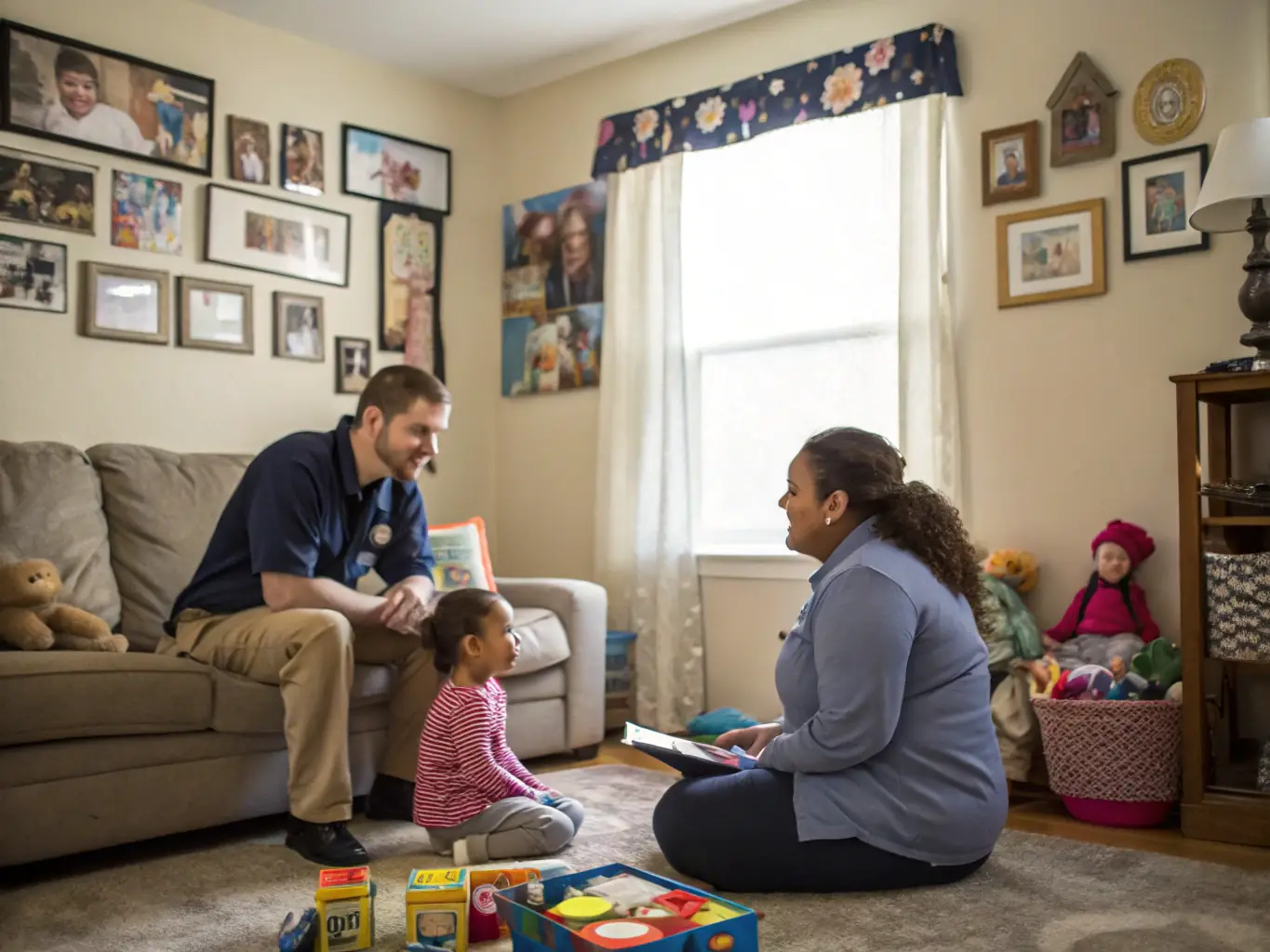 A council caseworker warmly greeting a family at the entrance of a modern, self-contained home, illustrating the collaborative process between Cheval Housing Group and local authorities.